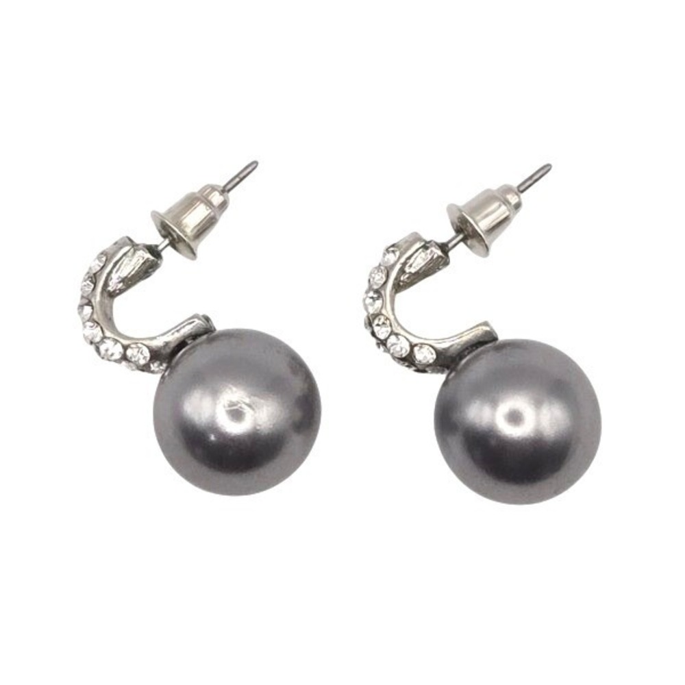 Chic Grey Faux‎ Pearl Half Hoop Earrings with Crystal Accents Silver Tone